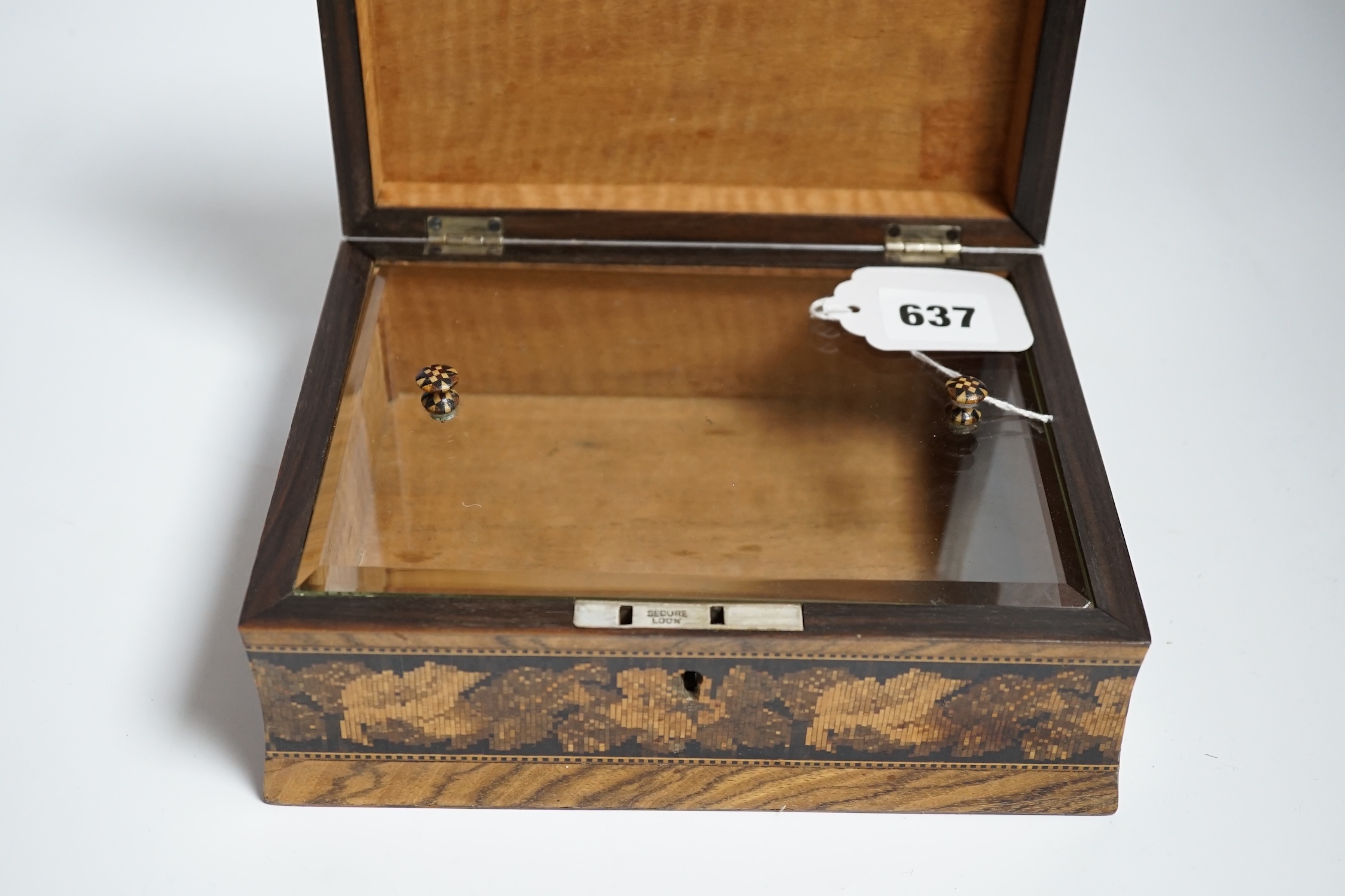 A 19th century Tunbridge ware box, view of Hever Castle, 21cm wide